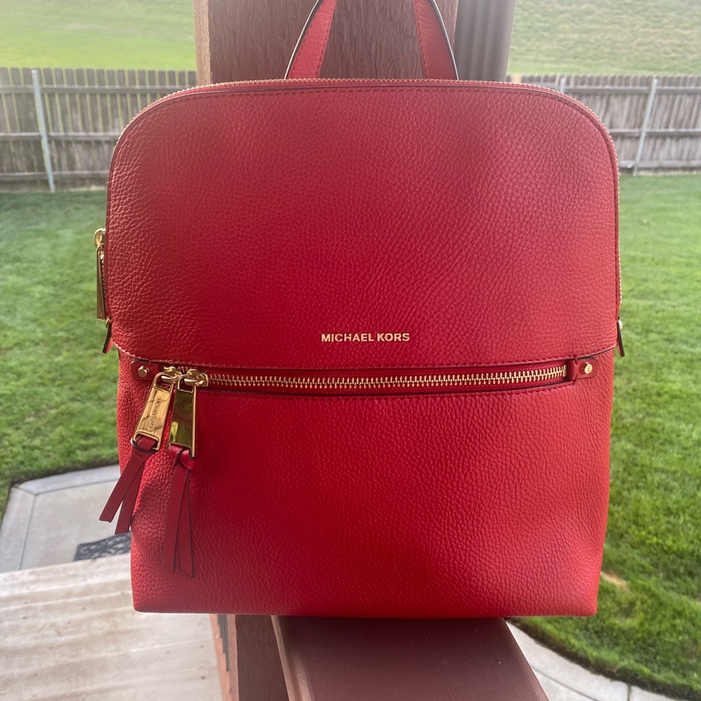 Michael Kors Rhea Zip Vegan Leather Slim Backpack Bright Red DISCONTINUED